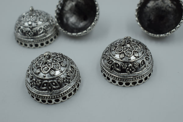 Medium Size Round Silver Oxidised Jhumka With Flower Detailing (100 gm)