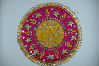 Yellow Jaal With Pink Border Gotapatti Patch 9 Inch