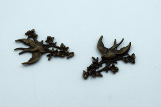 Bird With Flowers And Branch Black Metal Charm (10 Pc)